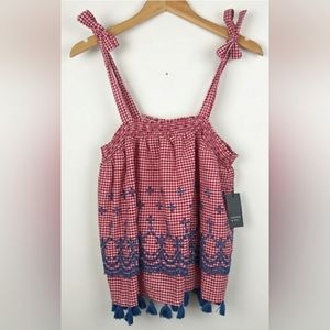 Crown & Ivy Gingham Eyelet Tank Top with Tassels